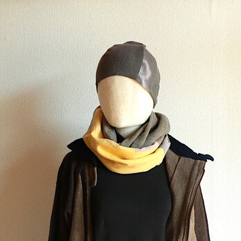 グレー/イエローグラデーション/ウール/綿/幅太/◎スヌード