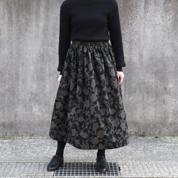 ★新作 コーデュロイ ボタニカル シルエット ギャザースカート（ ブラック ）ロング マキシ ポケット