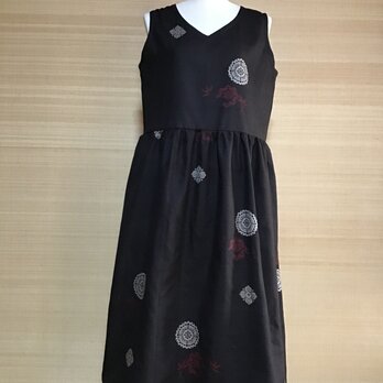 正絹奄美大島紬ウエスト切り替えギャザーワンピースワンピース