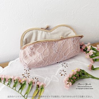 《ハートのシャンパンローズ》ピンク 花柄 レース がま口 コスメ メガネケース ポーチ