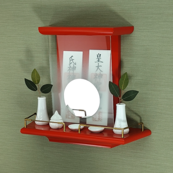 【 未来神棚　 心の鏡 】　推し活　レッド　二社宮神棚　モダン神棚　壁掛け型　ハンドメイドオリジナル商品