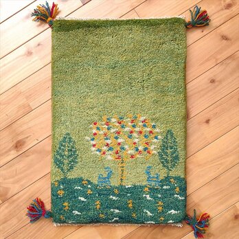 ペルシャ　ギャッベ　玄関マット小　ラグ　58x39cm　緑色　風景　生命の木　ヤギ　NN20153