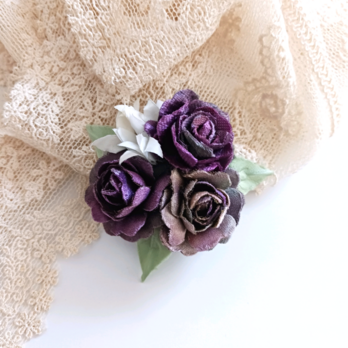 染め布花☆シックな薔薇のブローチ