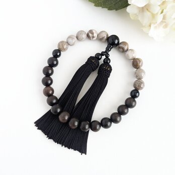 【男性用/主玉12mm】ジャスパーと黒檀・バイカラーの数珠・略式念珠/正絹漆黒房×オニキス