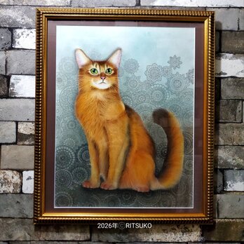 原画 1点もの ボールペン画 日本人作家 色鉛筆画 絵画 絵 アート 額入り 額装付き 猫の絵 ネコ ソマリ