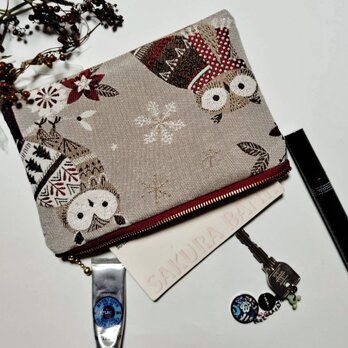 フランス生地　森の梟　ふくろうのポーチ（L)　通帳入れ　コスメ入れ　