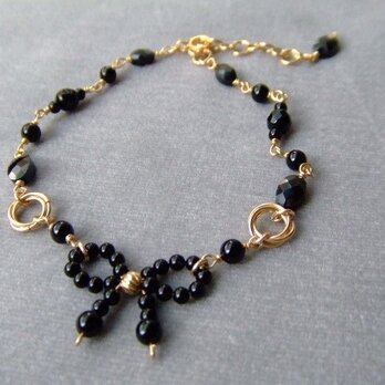 14kgf ブラックスピネル&オニキスリボンモチーフブレスレット k14gf