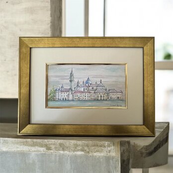 水辺の教会(イタリア、ヴェネツィア、水彩画、原画、額付き)