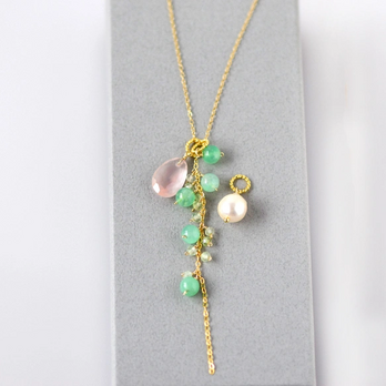 春風 ― ローズクォーツ × クリソプレーズ × アコヤ真珠 ペンダントトップ3点セット14kgf