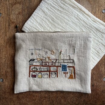 刺繍ポーチ、リネンガーゼハンカチのセット