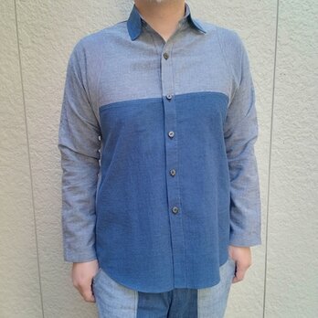 長袖播州織シャツ(グレー×DKブルー）