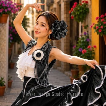 ブラックデニムのダリアの髪飾り（シングルワイヤー仕様） ｜フラメンコ・舞台・和装｜シングルワイヤー仕様｜Flamenco