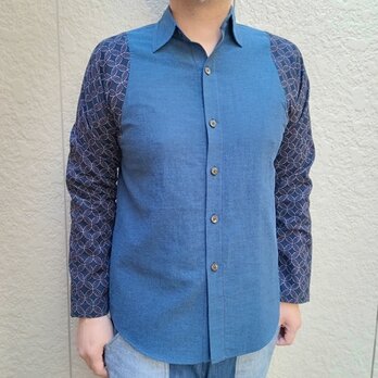 長袖播州織シャツ(DKブルー）袖部分七宝文様
