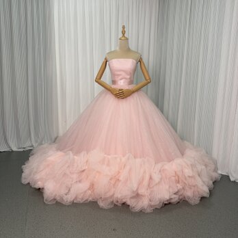 美品！カラードレス 薄ピンク ベアトップ 華やかなトレーン プリンセスライン キラキラチュール 前撮り