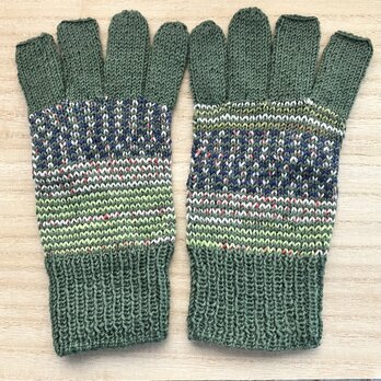オパール毛糸の5本指手袋(3本指抜き)– – モスグリーン