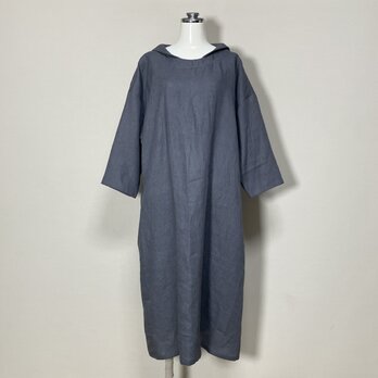 リネン◆マリンシャツワンピース　七分袖◆ブルーグレー◆M・Ⅼ（中厚、リネン100％）