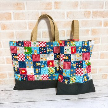 レッスンバッグ＆シューズケース　２点セット　【和柄・パッチワーク柄×柴犬】