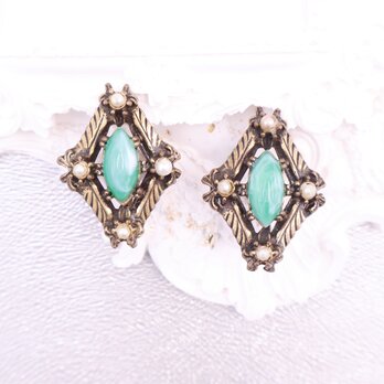 【アメリカ買付】グリーンマーブルガラス×パール イヤリング ＊Green Glass Pearl Earrings1930s