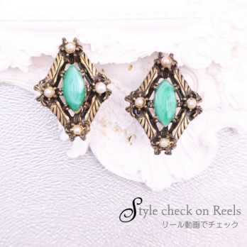 【アメリカ買付】グリーンマーブルガラス×パール イヤリング ＊Green Glass Pearl Earrings1930s