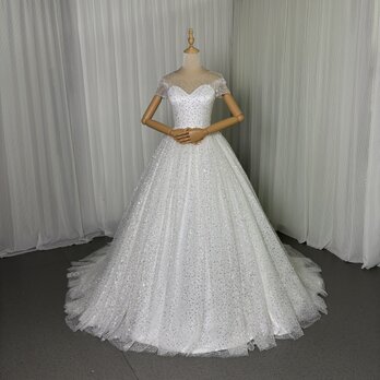 韓国風ドレス ウェディングドレス ラウンドネック 短袖 シークインチュール 華やか 編み上げ 拳式/前撮り