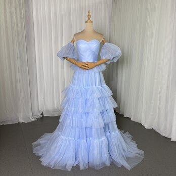 カラードレス ブルー ベアトップ 取り外し袖 チュールスカート スレンダーライン 編み上げ 演奏会/音楽会