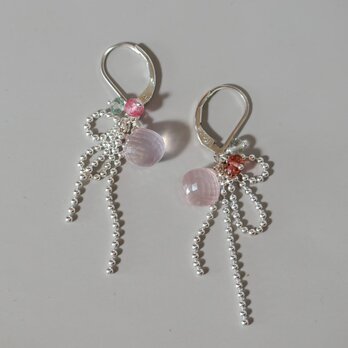 Silver925 極上カット ローズクォーツのリボンピアス［1088E_PK］