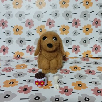 羊毛フェルト ミニチュア ダックスフンド 犬 ぬいぐるみ 餌皿 骨セット ハンドメイ