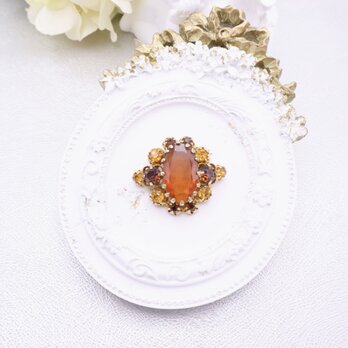 【フランス買付】 アンバーガラスフローラルブローチ＊Vintage Amber Glass Floral Brooch1960s