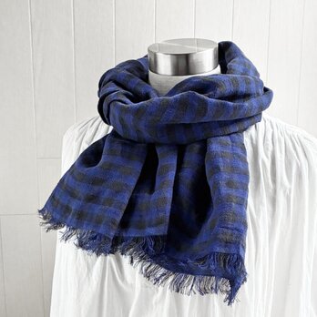 秋冬 150 短めイタリアンリネンのストール　ギンガムチェック　ブルー×黒