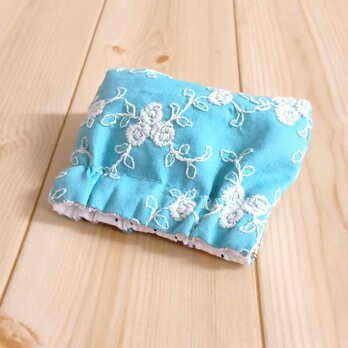 手のひらサイズ　薔薇柄刺繍　バネ口ミニポーチ　8cm口金　アクアターコイズ　636