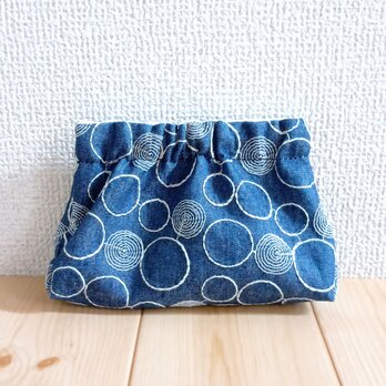 くるくる丸刺繍　バネ口ポーチ　12cm口金　デニムダンガリー　ネイビー　634