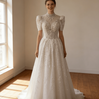 豪華！ウェディングドレス 韓国風ドレス 短袖 キラキラ光る刺繍 背中見せ ミニトレーン 結婚式