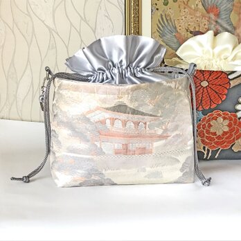 プラチナ二重箔　巾着ショルダー　巾着ポシェット　スマホポシェット　サブバッグ　フォーマルバッグ　スマホポーチ　帯リメイク