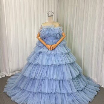 カラードレス ブルー ベアトップ プリーツスカート ハイウエスト 柔らかく重ねたチュールスカート 編み上げ 花嫁