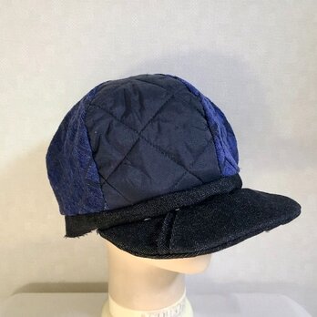 魅せる帽子☆【予約販売】キルティングと格子柄のバイカラーキャスケット～ネイビー&ブラック
