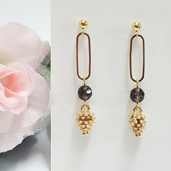 スモーキークォーツ×松ぼっくり＊オーパルリング＊天然石ピアス＊大人ナチュラル＊ゴールドピアス＊おしゃれ＊上品＊秋冬ピアス