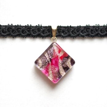 【受注製作】レジンアート　スクエアモチーフとタティングレースとベルベットリボンのチョーカー〈夢幻の暗闇〉