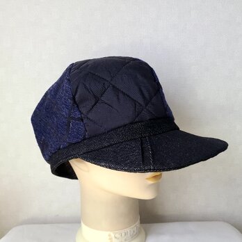 魅せる帽子☆【予約販売】キルティングと格子柄のバイカラーキャスケット～ネイビー&ブラック