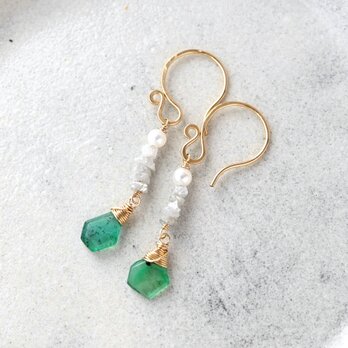 スライスカットエメラルドと原石ダイヤ＆淡水パールのピアス・イヤリング変更可
