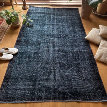 貴重110×198 デニムブルー藍色オーバーダイ　トルコヴィンテージラグ