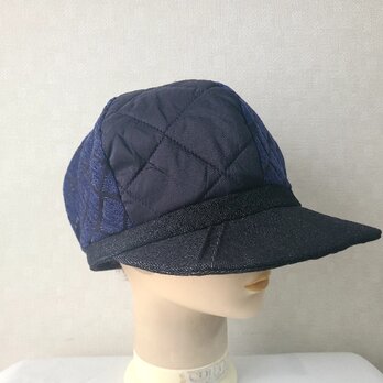 魅せる帽子☆キルティングと格子柄のリバーシブルキャスケット～ネイビー&ブラック