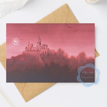 （71）三日月と朝焼けのお城の風景　ポストカード　3枚セット