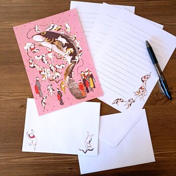 猫柄 浮世絵 猫 鯰絵 レターセット 和風 便箋 文具 手紙 和雑貨 ギフト 海外土産 鴇色 ねこのたハむれ