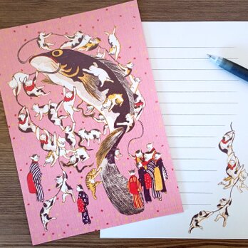 浮世絵 猫のレターセット｜鯰絵・ねこのたハむれ（便箋・封筒） 鴇色（ときいろ）