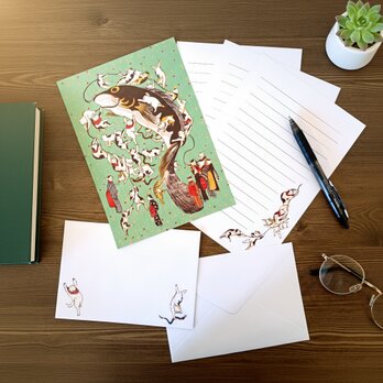 浮世絵　レターセット　「大なまづ ねこのたハむれ」 若竹色（わかたけいろ）