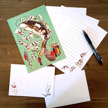猫柄 浮世絵 猫 鯰絵 レターセット 和風 便箋 文具 手紙 和雑貨 ギフト 海外土産 若竹色 ねこのたハむれ