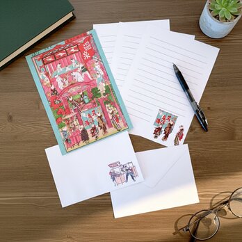 浮世絵　レターセット　歌川芳藤　新板 猫の温泉 薄浅葱（うすあさぎ）