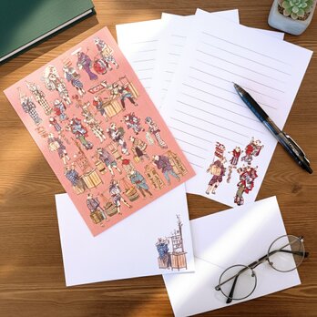 浮世絵　レターセット　歌川芳藤　猫のあきんどづくし 薄緋（うすあけ）