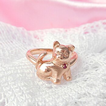 ピンクゴールド仕上：天然ルビー・子犬リング（シルバー）＊あなたの誕生石もセットできます。
