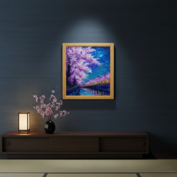 油絵【青い満月の夜桜】原画 油彩画 絵画 風景画 夜景 桜アート 春インテリア 壁掛け　一点物